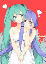 Rule 34 | 2girls, absurdres, ahoge, aqua eyes, aqua hair, bare arms, bare shoulders, blue hair, closed mouth, collarbone, cowboy shot, dress, hand on another&#039;s cheek, hand on another&#039;s face, hatsune miku, heart, highres, holding hands, hug, hug from behind, interlocked fingers, long hair, multiple girls, red background, sidelocks, smile, strapless, strapless dress, twintails, very long hair, vocaloid, white dress, xingchen, yellow eyes, yuri, zhayin-san