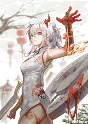 Rule 34 | 1girl, absurdres, arknights, arm up, armpits, bare arms, bare shoulders, breasts, china dress, chinese clothes, clay (clayjun), cowboy shot, dragon horns, dress, fire, hair ornament, hairpin, highres, horns, lantern, leg tattoo, long hair, looking at viewer, multicolored hair, nian (arknights), nian (unfettered freedom) (arknights), official alternate costume, paper lantern, pelvic curtain, pointy ears, ponytail, sidelocks, sleeveless, sleeveless dress, small breasts, smile, solo, standing, streaked hair, tattoo, thighs, white dress, white hair