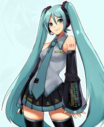 Rule 34 | 1girl, aqua eyes, aqua hair, aqua necktie, bare shoulders, black skirt, black sleeves, black thighhighs, blouse, commentary, contrapposto, cowboy shot, derivative work, detached sleeves, ei flow, english commentary, grey shirt, hair ornament, hatsune miku, headphones, headset, highres, long hair, looking at viewer, necktie, number tattoo, shirt, shoulder tattoo, skirt, sleeveless, sleeveless shirt, smile, solo, tattoo, thighhighs, twintails, very long hair, vocaloid, vocaloid boxart pose, zettai ryouiki, zoom layer