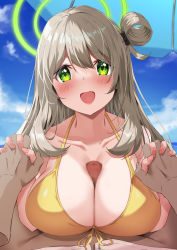 Rule 34 | 1girl, absurdres, bikini, blonde hair, blue archive, breasts, censored, dark-skinned male, dark skin, front-tie bikini top, front-tie top, green eyes, happy, highres, holding hands, huge breasts, looking at viewer, nonomi (blue archive), paizuri, paizuri under clothes, penis, pov, smile, swimsuit, yahuillust, yellow bikini