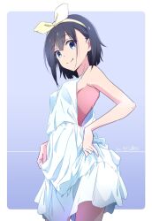 Rule 34 | 1girl, bare arms, bare shoulders, black hair, blue eyes, border, bow, bow hairband, breasts, closed mouth, commentary request, cowboy shot, dated, dress, hair between eyes, hairband, highres, looking at viewer, medium breasts, nii manabu, original, outside border, short hair, sideless outfit, signature, single sidelock, sleeveless, sleeveless dress, smile, solo, split mouth, white border, white dress, yellow bow