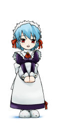 Rule 34 | 1girl, apron, blue hair, blush, dress, kotonomiya yuki, looking at viewer, maid, maid apron, maid headdress, own hands together, purple dress, red eyes, simple background, solo, suigetsu, tray, v arms, white background