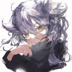 Rule 34 | 1girl, :/, absurdres, animal ears, closed mouth, copyright request, eyebrows hidden by hair, gaku, grey hair, hair between eyes, hand up, highres, long hair, long sleeves, looking at viewer, multicolored hair, nail polish, simple background, solo, sweater, upper body, white background, wolf ears, yellow eyes