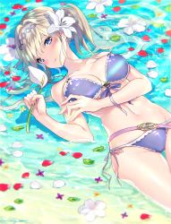 Rule 34 | 1girl, afloat, bare arms, bare shoulders, bikini, blonde hair, blue eyes, blue ribbon, blurry, blush, breasts, cleavage, closed mouth, collarbone, depth of field, dutch angle, flower, front-tie bikini top, front-tie top, granblue fantasy, groin, hair intakes, hairband, head tilt, highres, holding, holding flower, jeanne d&#039;arc (granblue fantasy), leaf, long hair, looking away, looking to the side, lying, medium breasts, navel, on back, petals, purple hairband, ribbon, rugo, shallow water, side-tie bikini bottom, smile, solo, sparkle, stomach, string bikini, swimsuit, thigh gap, twintails, water, white flower, white ribbon