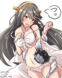 Rule 34 | 1girl, alternate costume, bikini, blush, breasts, dated, enemy naval mine (kancolle), flying sweatdrops, giraffe (ilconte), grey hair, hair ornament, hairclip, haruna (kancolle), headgear, highres, kantai collection, long hair, medium breasts, open mouth, orange eyes, simple background, solo, spoken flying sweatdrops, swimsuit, tentacles, twitter username, white background, white bikini