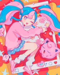 Rule 34 | 1girl, blush, bull sprite (pokemon), cardigan, clefairy sprite (pokemon), closed eyes, creatures (company), earrings, fairy miku (project voltage), fossil sprite (pokemon), game freak, gen 1 pokemon, hatsune miku, heart, highres, jewelry, jigglypuff, leg warmers, long hair, looking at viewer, multicolored hair, nagomi ( nagomi ), nail polish, nintendo, one eye closed, open mouth, pink cardigan, pink footwear, poke ball, pokemon, pokemon (creature), project voltage, skirt, smile, twintails, two-tone hair, very long hair, vocaloid