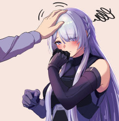 Rule 34 | 1girl, 3 small spiders, absurdres, ak-15 (girls&#039; frontline), belt, braid, elbow gloves, embarrassed, girls&#039; frontline, gloves, hair over one eye, headpat, highres, long hair, one eye covered, purple eyes, silver hair, solo focus, tactical clothes, very long hair