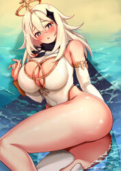 Rule 34 | 1girl, aged up, alternate breast size, ass, bare shoulders, breasts, cleavage cutout, clothing cutout, detached sleeves, foxyreine, genshin impact, grey eyes, hair between eyes, hair ornament, halo, highres, large breasts, long hair, looking at viewer, lying, on side, open mouth, paimon (genshin impact), patreon username, sand, solo, thick thighs, thighs, water, watermark, web address, white hair