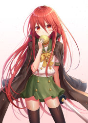 Rule 34 | 1girl, black jacket, blush, bow, bread, brown bow, brown thighhighs, commentary request, covered mouth, food, green sailor collar, green skirt, hair between eyes, hand up, highres, holding, holding food, holding sword, holding weapon, jacket, jacket on shoulders, jewelry, katana, long hair, melon bread, pendant, red eyes, red hair, sailor collar, school uniform, serafuku, seungju lee, shakugan no shana, shana, shirt, skirt, solo, sword, thighhighs, very long hair, weapon, white shirt