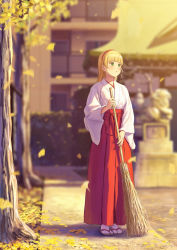 Rule 34 | 1girl, autumn, autumn leaves, bad id, bad pixiv id, bamboo broom, blonde hair, blunt bangs, broom, building, full body, geta, green eyes, hairband, hakama, heanna sumire, highres, japanese clothes, leaf, light blush, long sleeves, looking away, love live!, love live! superstar!!, miko, outdoors, papi (papiron100), parted lips, red hakama, solo, sunset, toeless footwear, torii, tree, white legwear, wide sleeves