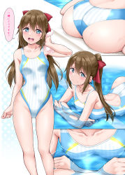 Rule 34 | 1girl, :d, absurdres, alternate hairstyle, arched back, ass, bare arms, bare legs, blue eyes, blush, breasts, brown hair, close-up, collarbone, competition swimsuit, hair ribbon, high ponytail, highres, in water, long hair, looking at viewer, love live!, love live! nijigasaki high school idol club, medium breasts, multiple views, one-piece swimsuit, open mouth, osaka shizuku, polka dot, polka dot background, ponytail, pool, poolside, red ribbon, ribbon, sitting, smile, speech bubble, swimsuit, teeth, towel, translation request, two-tone swimsuit, upper teeth only, water, wet, yopparai oni
