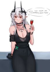 Rule 34 | 1girl, arknights, bare shoulders, black dress, black gloves, bracelet, breasts, cleavage, closed mouth, collar, collarbone, covered navel, cup, detached sleeves, dress, drinking glass, earrings, fangs (fangs art), feet out of frame, gloves, hair ornament, holding, holding cup, horns, infection monitor (arknights), jewelry, large breasts, long hair, looking at viewer, material growth, mudrock (arknights), mudrock (obsidian) (arknights), necklace, official alternate costume, oripathy lesion (arknights), pointy ears, red eyes, short sleeves, simple background, single glove, smile, solo, standing, white background, white hair