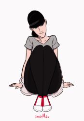 Rule 34 | 1girl, animated, animated gif, black hair, black pantyhose, blinking, blunt bangs, breasts, full body, head tilt, legs together, long hair, looking at viewer, miniskirt, no panties, original, pantyhose, ponytail, pussy, shirt, shoes, sitting, skirt, small breasts, sneakers, solo, spread legs, stickymon, t-shirt, tina (stickymon), torn clothes, torn pantyhose, uncensored, upskirt, white background