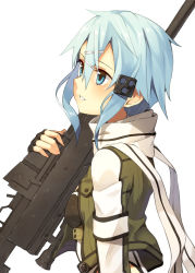 Rule 34 | 10s, 1girl, anti-materiel rifle, bad id, bad pixiv id, blue eyes, blue hair, bolt action, fingerless gloves, gloves, gun, highres, kinta (distortion), matching hair/eyes, pgm hecate ii, profile, rifle, scarf, short hair, sinon, sniper rifle, solo, sword art online, weapon, white background
