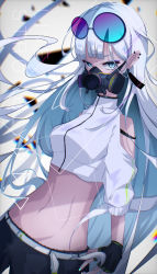 1girl absurdres blue_eyes breasts english_text eyewear_on_head fingerless_gloves floating_hair gas_mask gloves goma_irasuto highres long_hair looking_at_viewer mask medium_breasts mouth_mask original solo stomach sunglasses very_long_hair white_hair