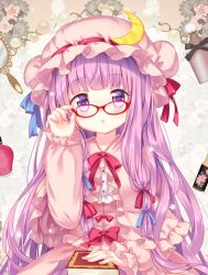 Rule 34 | 1girl, :o, adapted costume, adjusting eyewear, arm up, blue ribbon, blunt bangs, blush, bow, buttons, capelet, commentary request, crescent, crescent hat ornament, double bun, dress, dress bow, eyelashes, fingernails, frilled capelet, frills, glasses day, hair bun, hair ribbon, hat, hat ornament, hat ribbon, long hair, long sleeves, looking at viewer, mimi (mimi puru), mob cap, open mouth, patchouli knowledge, pink capelet, pink dress, pink hat, puffy sleeves, purple eyes, purple hair, red ribbon, ribbon, sidelocks, solo, touhou, tress ribbon