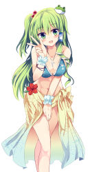 Rule 34 | 1girl, :d, alternate hairstyle, asymmetrical hair, bare legs, bare shoulders, bikini, blue bikini, blush, breasts, cleavage, collarbone, covering privates, covering crotch, cross, cross necklace, cross-section, eyebrows, floral print, flower, frog hair ornament, glint, green eyes, green hair, hair between eyes, hair bobbles, hair ornament, hair tubes, head tilt, hibiscus, highres, jewelry, kochiya sanae, lamia, leaning forward, matching hair/eyes, maturiuta sorato, medium breasts, monster girl, navel, necklace, open mouth, pendant, plant, sarong, scrunchie, side ponytail, smile, snake hair ornament, solo, standing, star (symbol), star print, stomach, swimsuit, touhou, v, wrist scrunchie, wristband