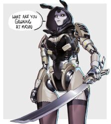Rule 34 | 1girl, absurdres, alternate costume, android, animal hood, apex legends, ash (titanfall 2), black leotard, black sclera, black thighhighs, border, breasts, bsapricot, colored sclera, commentary, english commentary, english text, expressionless, grey background, highres, holding, holding sword, holding weapon, hood, hood up, leotard, medium breasts, no pupils, playboy bunny, rabbit hood, simulacrum (titanfall), solo, speech bubble, sword, thighhighs, weapon, white border, yellow eyes