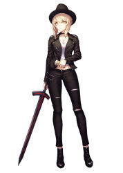 Rule 34 | 1girl, ankle boots, artoria pendragon (all), artoria pendragon (fate), bad id, bad pixiv id, black footwear, black hat, black jacket, black neckwear, black pants, blonde hair, boots, breasts, choker, cleavage, closed mouth, collarbone, contrapposto, cup, disposable cup, excalibur morgan (fate), expressionless, fate/grand order, fate (series), full body, hat, holding, holding cup, holding sword, holding weapon, inho song, jacket, legs apart, long sleeves, looking at viewer, medium breasts, open clothes, open jacket, pants, saber alter, shirt, short hair, simple background, solo, standing, sword, torn clothes, torn pants, unsheathed, weapon, white background, white shirt, yellow eyes, zipper