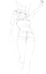Rule 34 | 1girl, absurdres, animal ears, arm up, bell, blush, commission, denim, denim shorts, fangs, greyscale, half-closed eyes, highres, kona ming, leg up, long hair, monochrome, navel, neck bell, necktie, original, pixiv commission, shorts, simple background, sketch, skindentation, smile, solo, tail, white background