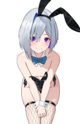Rule 34 | 1girl, @ @, absurdres, amane kanata, animal ears, bare shoulders, black leotard, blue hair, blush, bow, bowtie, breasts, collarbone, colored inner hair, embarrassed, fake animal ears, fishnet thighhighs, fishnets, from above, grey hair, hairband, highres, hololive, leaning forward, leotard, looking at viewer, multicolored hair, playboy bunny, purple eyes, rabbit ears, short hair, skindentation, small breasts, smile, solo, stoner08, thighhighs, trembling, virtual youtuber, wrist cuffs