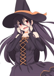 Rule 34 | 1girl, anetai toyone, black dress, black hair, black hat, blush, clothing cutout, commentary, dress, frown, hair between eyes, halloween, halloween costume, hands on own face, hat, hat ribbon, highres, long dress, long hair, long sleeves, looking at viewer, open mouth, orange ribbon, pila (pilayamato), red eyes, ribbon, saki (manga), shoulder cutout, simple background, solo, standing, wavy hair, white background, witch hat