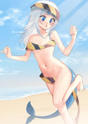 Rule 34 | 1girl, :o, absurdres, barefoot, beach, blue eyes, blue hair, blue sky, blunt bangs, censored nipples, chinese commentary, cloud, collarbone, commentary, convenient censoring, fins, fish tail, flat chest, gawr gura, gills, highres, hololive, hololive english, long hair, looking away, looking to the side, multicolored hair, navel, open mouth, outdoors, running, shark girl, shark tail, sky, smilesmile1312, solo, standing, sunlight, tail, two-tone hair, virtual youtuber, water, white hair