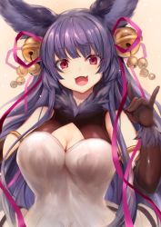 Rule 34 | 1girl, :d, animal ears, bell, black gloves, breasts, cleavage, elbow gloves, fang, fox ears, fox shadow puppet, gloves, granblue fantasy, hair bell, hair ornament, hair ribbon, highres, hime cut, large breasts, long hair, open mouth, purple hair, red eyes, ribbon, simple background, skin fang, smile, solo, sukemyon, very long hair, yuel (granblue fantasy)