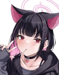 Rule 34 | 1girl, animal ears, black choker, black hair, black jacket, black nails, blue archive, blunt bangs, blush, candy, choker, colored inner hair, commentary request, ear piercing, earrings, food, hair ornament, halo, heart, heart choker, heart earrings, heart hair ornament, highres, hood, hooded jacket, jacket, jewelry, kazusa (blue archive), licking, licking another&#039;s face, lollipop, long sleeves, mouth hold, multicolored hair, nail polish, piercing, pink eyes, pink hair, pink halo, portrait, rama (yu-light8), ring, short hair, sidelocks, sleeves past wrists, solo, v, x hair ornament