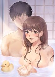 Rule 34 | 1boy, 1girl, 3ri10te, :d, bath, bathroom, bathtub, behind another, black hair, blush, breasts, brown hair, collarbone, completely nude, cupping hands, dripping, faceless, faceless male, hands up, hetero, highres, indoors, large breasts, long hair, mixed-sex bathing, mole, mole on breast, nude, open mouth, original, own hands together, partially submerged, rubber duck, shared bathing, short hair, smile, steam, tile wall, tiles, water, wet, wet hair