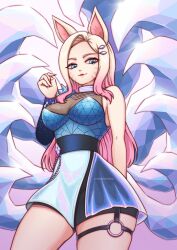 Rule 34 | 1girl, ahri (league of legends), animal ears, artist name, blonde hair, blue dress, breasts, butter spoon, cleavage, commentary, contrapposto, cowboy shot, dress, facial mark, forehead, fox ears, fox tail, from below, glint, gradient hair, hair ornament, highres, k/da all out ahri, league of legends, medium breasts, multicolored hair, multiple tails, o-ring, o-ring thigh strap, pink hair, see-through, see-through cleavage, short dress, single sleeve, sleeveless, sleeveless dress, smile, solo, sparkle, tail, the baddest ahri, thigh strap, thighs, whisker markings