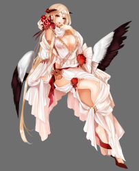 Rule 34 | 1girl, apt, blonde hair, breasts, cleavage, feathered wings, flower, food, fruit, full body, grey background, gyakushuu no fantasica, highres, horns, large breasts, long hair, official art, open mouth, pomegranate, red eyes, simple background, sitting, solo, wings, yonic symbol
