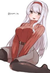 Rule 34 | 1girl, black pantyhose, brown eyes, grey skirt, hairband, highres, kantai collection, long hair, looking at viewer, official alternate costume, one-hour drawing challenge, pantyhose, pencil skirt, red hairband, red sweater, ribbed sweater, shirasumato, shoukaku (kancolle), simple background, skirt, solo, sweater, twitter username, white background, white hair