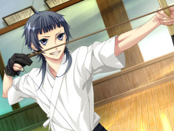 Rule 34 | 1boy, 1girl, archery, arrow (projectile), black hair, bow (weapon), collarbone, drawing bow, game cg, holding, holding bow (weapon), holding weapon, indoors, japanese clothes, kimono, kinose azusa, looking at viewer, male focus, sidelocks, simple background, solo, starry sky (game), upper body, weapon, white background