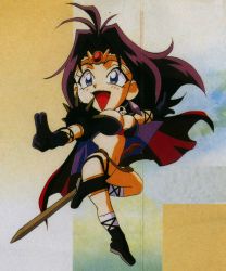 Rule 34 | 1990s (style), 1girl, araizumi rui, blue eyes, boots, breasts, cape, chibi, cleavage, earrings, highres, jewelry, knee boots, large breasts, long hair, multicolored clothes, naga the serpent, necklace, purple hair, retro artstyle, revealing clothes, skull, slayers, smile, solo, swimsuit, sword, weapon
