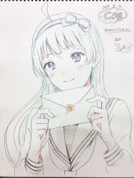 Rule 34 | 1girl, ahoge, black undershirt, blue eyes, blunt bangs, bow, circle name, closed mouth, collared shirt, colored pencil (medium), comiket 96, commentary request, dated, envelope, eyelashes, fingernails, green bow, green hair, green hairband, hair bow, hairband, highres, holding, holding envelope, idolmaster, idolmaster million live!, lace-trimmed bow, lace-trimmed hairband, lace trim, light blush, long hair, long sleeves, looking at viewer, neckerchief, photo (medium), pink lips, sailor collar, school uniform, serafuku, shimabara elena, shirt, signature, smile, solo, traditional media, translation request, upper body, wavy hair, white neckerchief, white sailor collar, white shirt, white sleeves, witoi (roa)