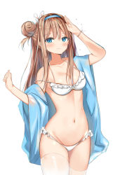 Rule 34 | 1girl, absurdres, bad id, bad pixiv id, bare shoulders, bikini, blue eyes, blue jacket, blush, breasts, brown hair, cleavage, closed mouth, collarbone, cowboy shot, frilled bikini, frills, girls&#039; frontline, groin, hair bun, hair intakes, hair ornament, hairband, hand up, highres, jacket, long hair, looking at viewer, medium breasts, navel, off shoulder, official alternate costume, open clothes, open jacket, rabbit hair ornament, salute, sashima, side bun, sidelocks, simple background, single hair bun, single side bun, solo, standing, stomach, strap slip, suomi (girls&#039; frontline), suomi (midsummer pixie) (girls&#039; frontline), swimsuit, thighhighs, white background, white bikini, white thighhighs