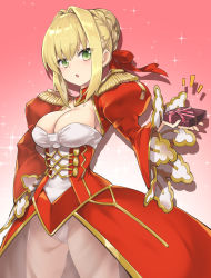 Rule 34 | 10s, 1girl, blonde hair, box, braid, breasts, cleavage, commentary request, dress, epaulettes, fate/extra, fate (series), gift, gift box, gradient background, green eyes, hair bun, hand on own hip, highres, holding, holding gift, jacket, juliet sleeves, large breasts, long sleeves, nero claudius (fate), nero claudius (fate) (all), nero claudius (fate/extra), pink background, puffy sleeves, red dress, red jacket, sidelocks, single hair bun, solo, sparkle, tyone, white background, wide sleeves