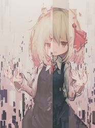 Rule 34 | 1girl, arms up, bad hands, black skirt, black vest, blonde hair, bow, breasts, collared shirt, glitch, hair bow, highres, lit ter, long sleeves, looking at viewer, open mouth, red eyes, rumia, shirt, short hair, skirt, skirt set, small breasts, solo, standing, touhou, vest, white background, white shirt