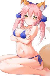 Rule 34 | 1girl, animal ear fluff, animal ears, arms under breasts, bad id, bad pixiv id, bikini, blue bikini, blue ribbon, blush, breasts, cleavage, collarbone, copiz, crossed arms, fate/grand order, fate (series), fox ears, fox tail, hair between eyes, halterneck, highres, large breasts, long hair, looking at viewer, navel, open mouth, pink hair, ribbon, side-tie bikini bottom, sidelocks, simple background, sitting, smile, solo, stomach, swimsuit, tail, tamamo (fate), tamamo no mae (fate/extra), tamamo no mae (swimsuit lancer) (fate), wariza, wet, white background, yellow eyes
