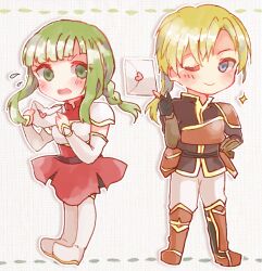 Rule 34 | 1boy, 1girl, armor, blonde hair, blush, boots, dress, fire emblem, fire emblem: the sacred stones, forde (fire emblem), green eyes, green hair, holding, holding letter, letter, love letter, nintendo, one eye closed, open mouth, ponytail, red armor, red dress, skirt, smile, sui (aruko91), surprised, vanessa (fire emblem), white footwear
