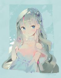 Rule 34 | 1girl, artist name, bare shoulders, blue dress, blue eyes, collarbone, crab d, dress, grey hair, hair ornament, hand up, holding, long hair, looking at viewer, original, parted lips, signature, sketch, solo