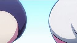 Rule 34 | 10s, 2girls, animated, animated gif, ass, ass-to-ass, black hair, bouncing breasts, breasts, competition swimsuit, hip attack, huge ass, keijo!!!!!!!!, large breasts, lowres, miyata sayaka, multiple girls, one-piece swimsuit, small breasts, subtitled, swimsuit, water, white hair, yamikumo sachiko