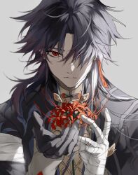 Rule 34 | 1boy, bandaged arm, bandaged hand, bandages, black gloves, black jacket, blade (honkai: star rail), blue hair, chest sarashi, chinese clothes, closed mouth, earrings, expressionless, flower, gloves, grey background, hair over one eye, highres, holding, holding flower, honkai: star rail, honkai (series), jacket, jewelry, long hair, looking at viewer, male focus, nozz177, red eyes, sarashi, shadow, sidelocks, simple background, single glove, solo, spider lily, tassel, tassel earrings, upper body