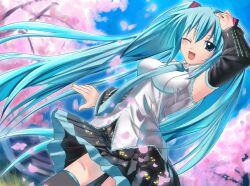 Rule 34 | 1girl, aqua eyes, aqua hair, aqua necktie, black skirt, blue sky, blush, breasts, cherry blossoms, day, detached sleeves, falling petals, hatsune miku, impossible clothes, impossible shirt, long hair, looking at viewer, medium breasts, miniskirt, necktie, one eye closed, open mouth, outdoors, petals, pleated skirt, roozaku, shirt, skirt, sky, smile, solo, spring (season), standing, thighhighs, tree, twintails, very long hair, vocaloid, wind, zettai ryouiki