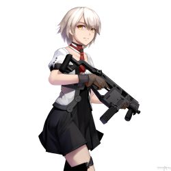 Rule 34 | 1girl, absurdres, artist name, bad id, bad pixiv id, brown eyes, brown gloves, choker, commentary, cowboy shot, dress, frown, girls&#039; frontline, gloves, grey hair, gun, hair over one eye, highres, holding, holding gun, holding weapon, kriss vector, looking to the side, multicolored clothes, multicolored dress, red neckwear, serious, short hair, short sleeves, solo, standing, submachine gun, vector (girls&#039; frontline), vectorek, walking, weapon, white background, yellow eyes