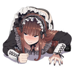 Rule 34 | 1girl, all fours, angry, black nails, black panties, black thighhighs, blue eyes, blush, breasts, brown hair, clenched hand, downblouse, fallen down, gothic lolita, headdress, kneeling, large breasts, lolita fashion, maid headdress, mattaku mousuke, mole, mole under eye, nail polish, original, panties, simple background, solo, thighhighs, top-down bottom-up, underwear, upskirt, white background