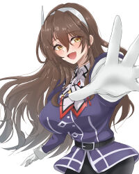Rule 34 | 1girl, ashigara (kancolle), black skirt, breasts, brown eyes, brown hair, chamumi (mochiumee), collared shirt, commentary request, fang, gloves, hairband, highres, jacket, kantai collection, large breasts, long hair, multicolored neckerchief, neckerchief, open mouth, pencil skirt, purple jacket, shirt, skirt, smile, solo, wavy hair, white gloves