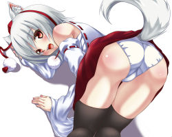 Rule 34 | 1girl, animal ears, ass, bare shoulders, bent over, black thighhighs, detached sleeves, female focus, inubashiri momiji, looking back, nekotama (tsuki), open clothes, panties, red eyes, short hair, silver hair, simple background, solo, tail, thighhighs, touhou, trefoil, underwear, white panties, wolf ears, wolf tail