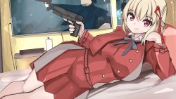 Rule 34 | 1girl, arm support, bed, bed sheet, blonde hair, bow, commission, couch, denyel, ears, feet, gun, hair bow, handgun, highres, knees, legs, lycoris recoil, nishikigi chisato, nose, pillow, pistol, red eyes, ribbon, short hair, smile, television, thighhighs, thighs, uniform, wall, weapon
